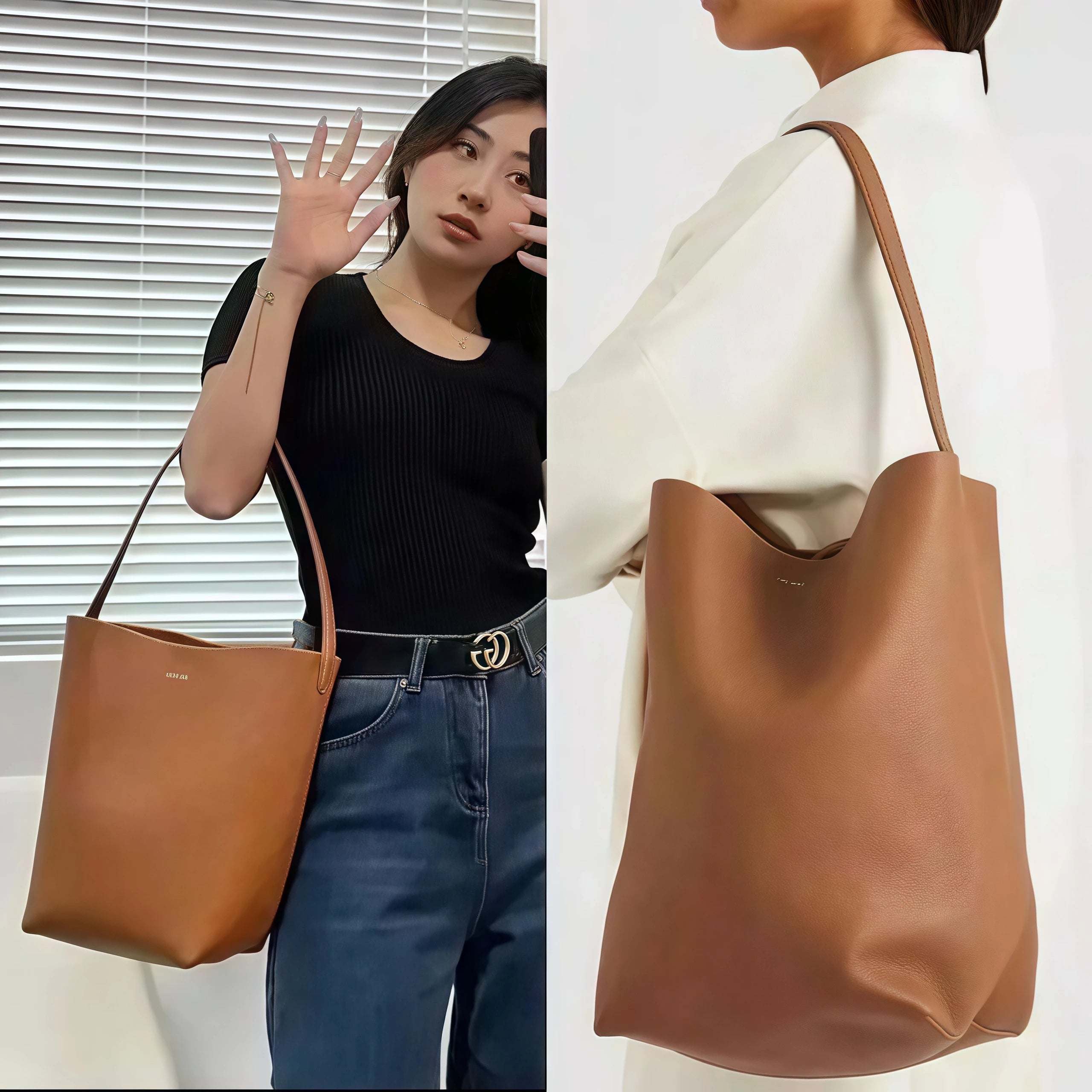 Bolsa Feminina Bucket em Couro – Bolsa Tote Estruturada Macia com Alça de Mão e Ombro, Estilo Minimalista de Luxo (Caramelo)